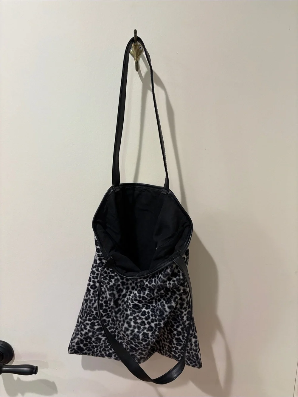 Black and White Leopard Print Tote Bag with Black Straps
